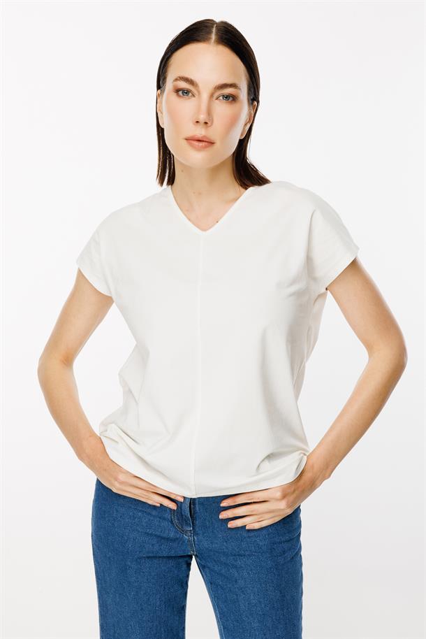 V Yaka Önü Dikiş Detaylı Tişört-KEMIK