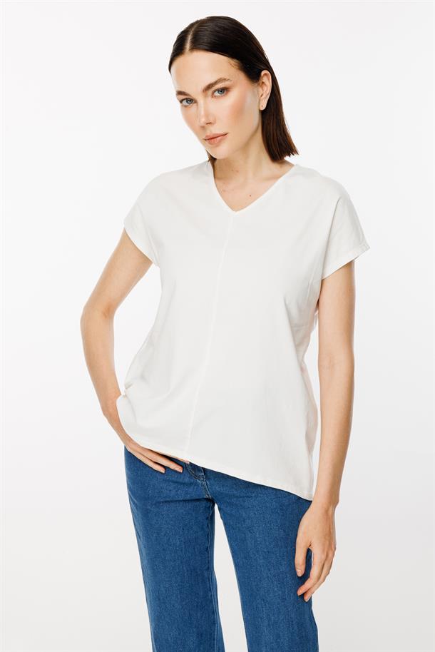 V Yaka Önü Dikiş Detaylı Tişört-KEMIK