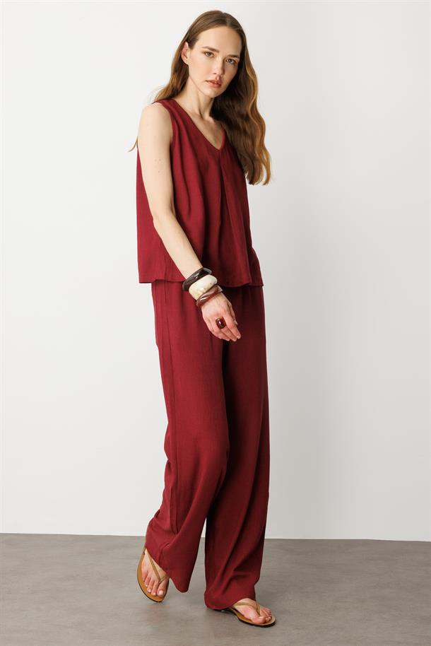 V Yaka Pamuklu Keten Bluz-BORDO