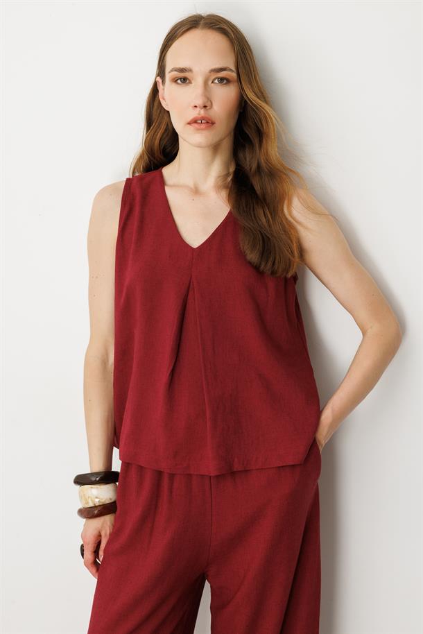 V Yaka Pamuklu Keten Bluz-BORDO