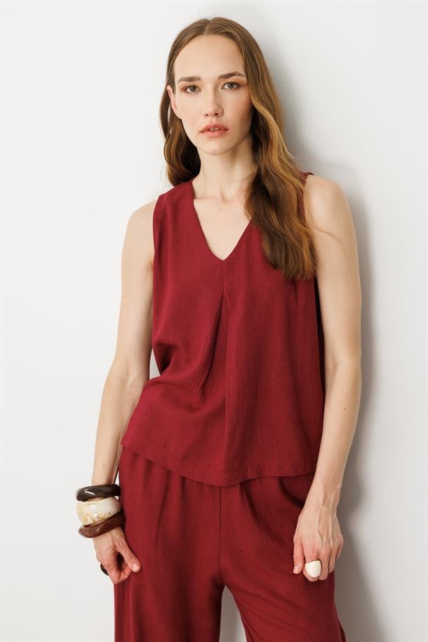 V Yaka Pamuklu Keten Bluz-BORDO