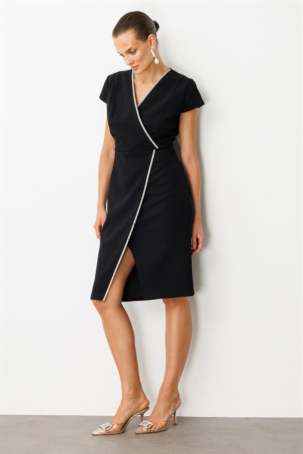 V Yaka Taşlı Kısa Abiye Elbise-SİYAH