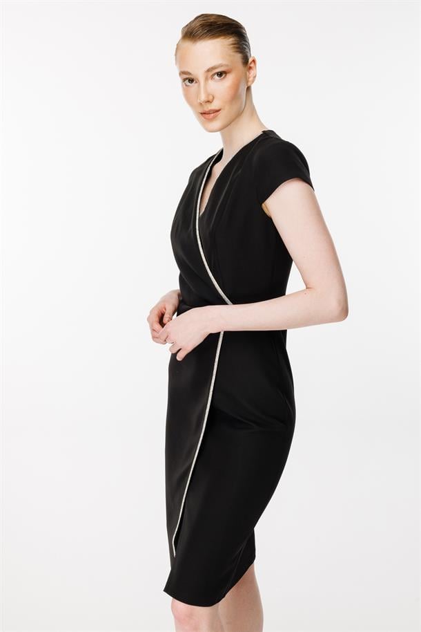 V Yaka Taşlı Kısa Abiye Elbise-SİYAH