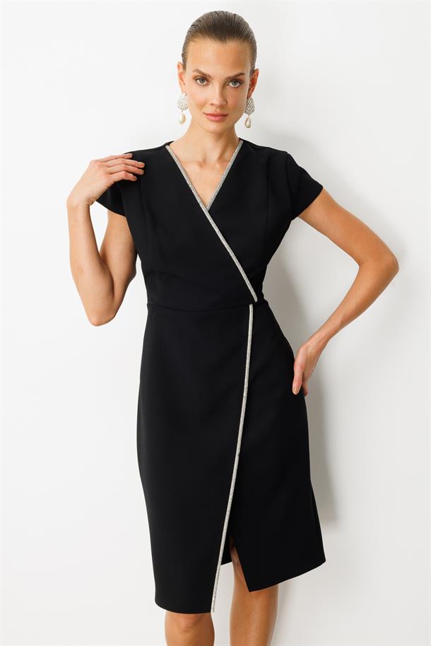 V Yaka Taşlı Kısa Abiye Elbise-SİYAH