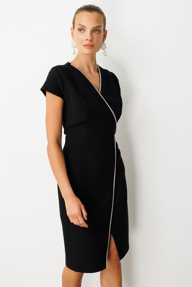 V Yaka Taşlı Kısa Abiye Elbise-SİYAH