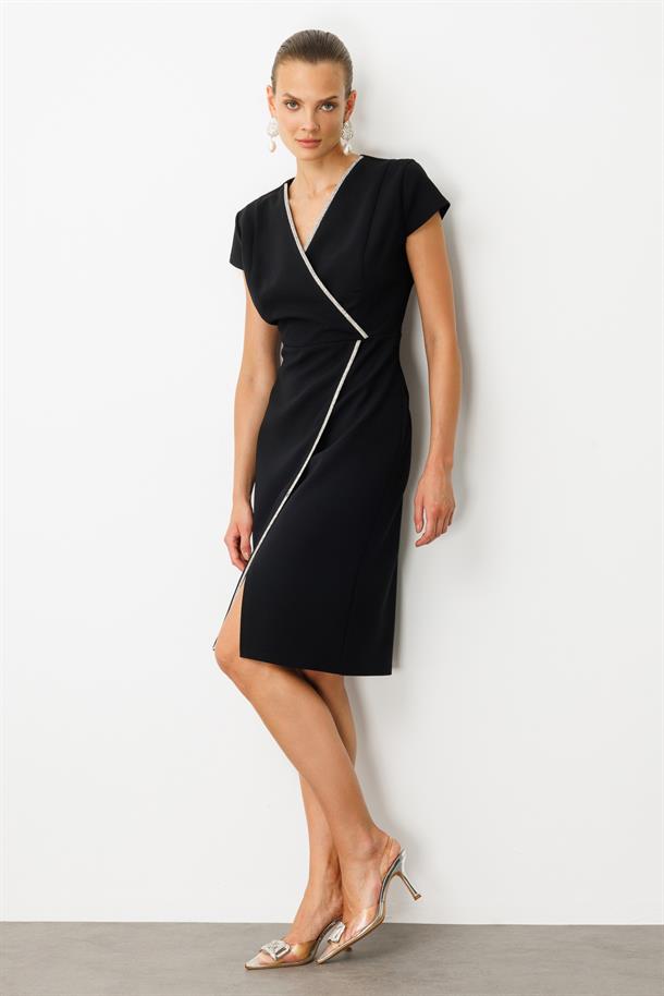 V Yaka Taşlı Kısa Abiye Elbise-SİYAH