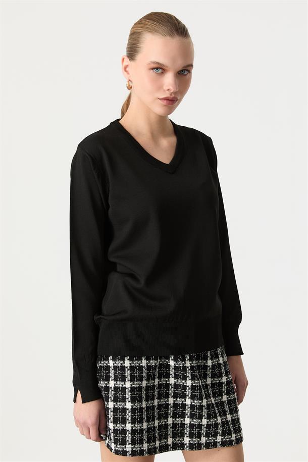 V Yaka Triko Kazak-SİYAH