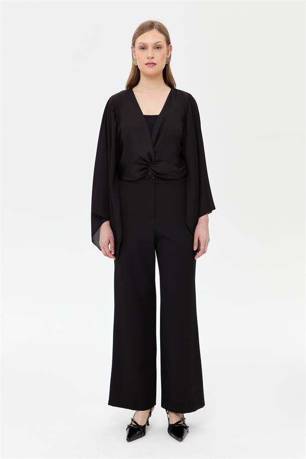 V Yaka Yarasa Kol Bluz-SİYAH