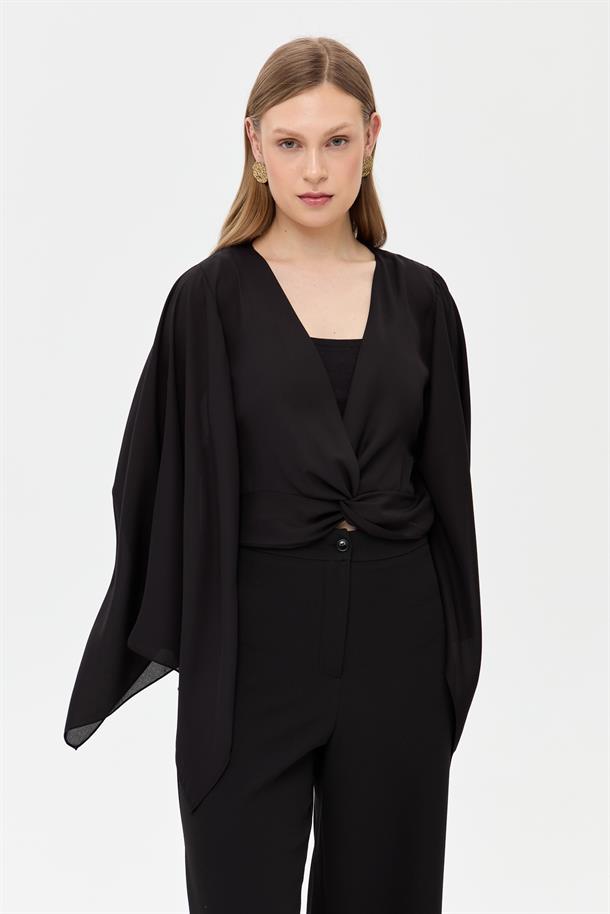 V Yaka Yarasa Kol Bluz-SİYAH