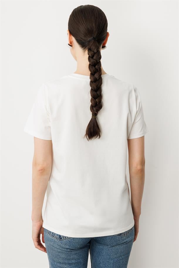 V Yaka Yıldız Baskı Tişört-KEMIK