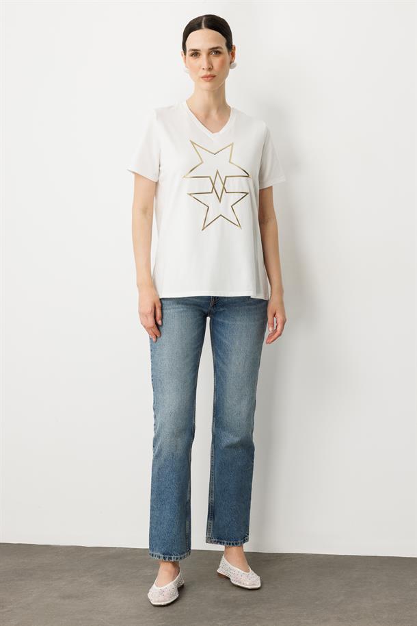 V Yaka Yıldız Baskı Tişört-KEMIK