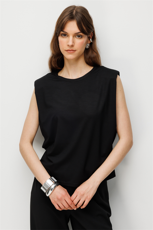 Vatka Detaylı Penye Bluz-SİYAH