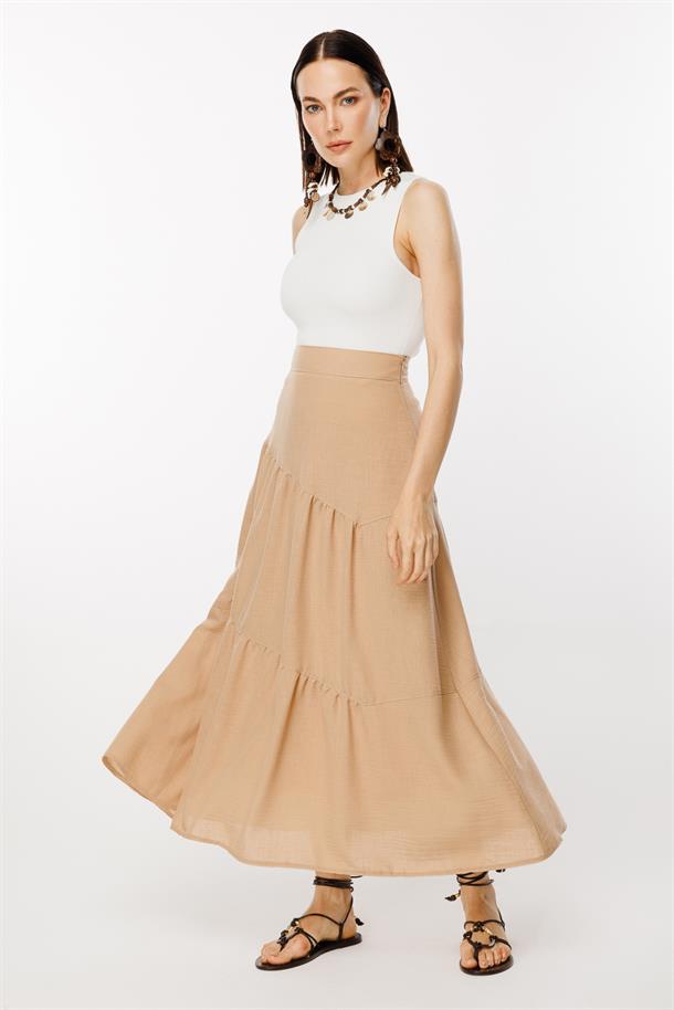 Volan Görünümlü Uzun Keten Etek-CAMEL