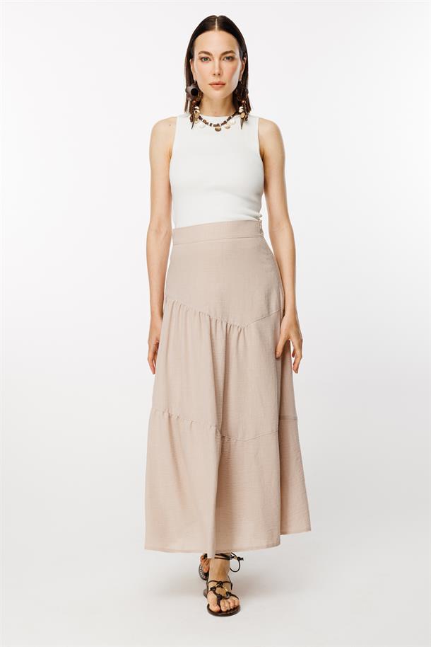 Volan Görünümlü Uzun Keten Etek-TAŞ