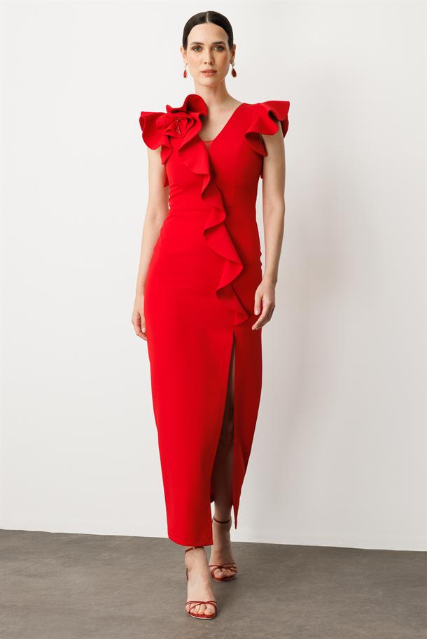 Volanlı Yırtmaçlı Abiye Elbise-KIRMIZI