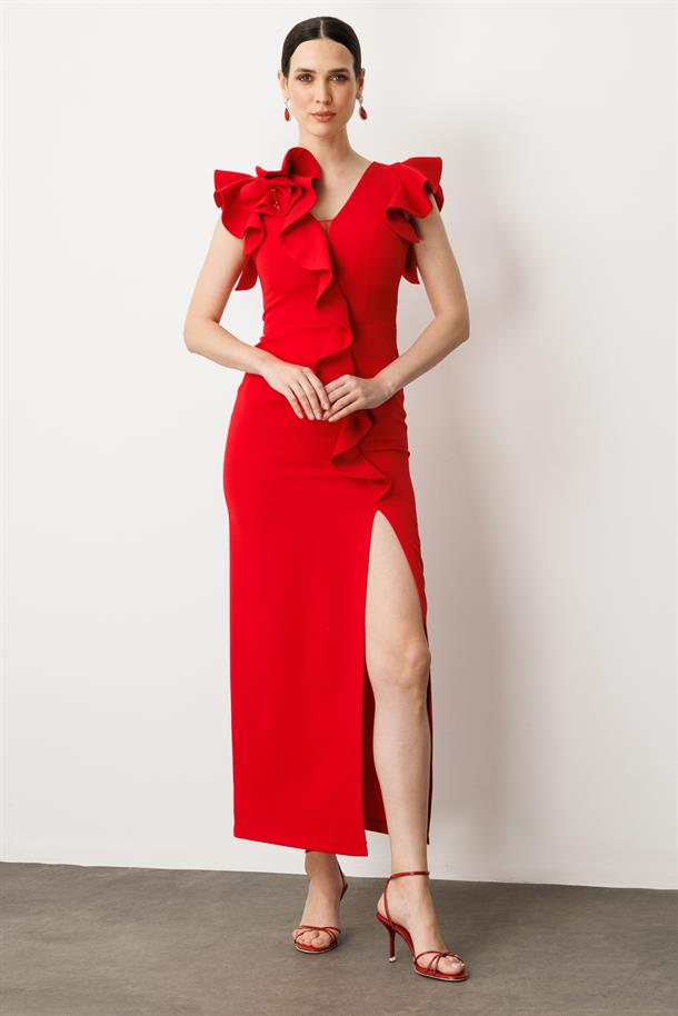 Volanlı Yırtmaçlı Abiye Elbise-KIRMIZI