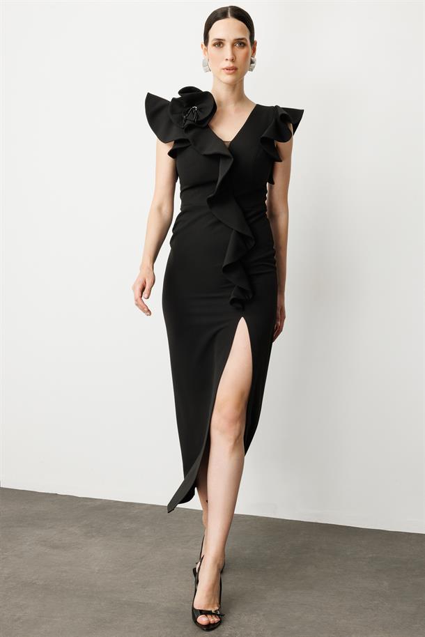 Volanlı Yırtmaçlı Abiye Elbise-SİYAH