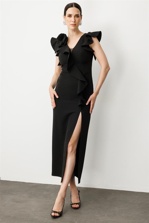 Volanlı Yırtmaçlı Abiye Elbise-SİYAH