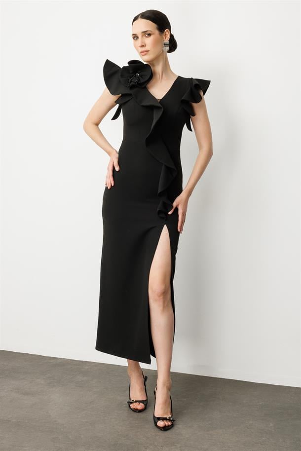 Volanlı Yırtmaçlı Abiye Elbise-SİYAH