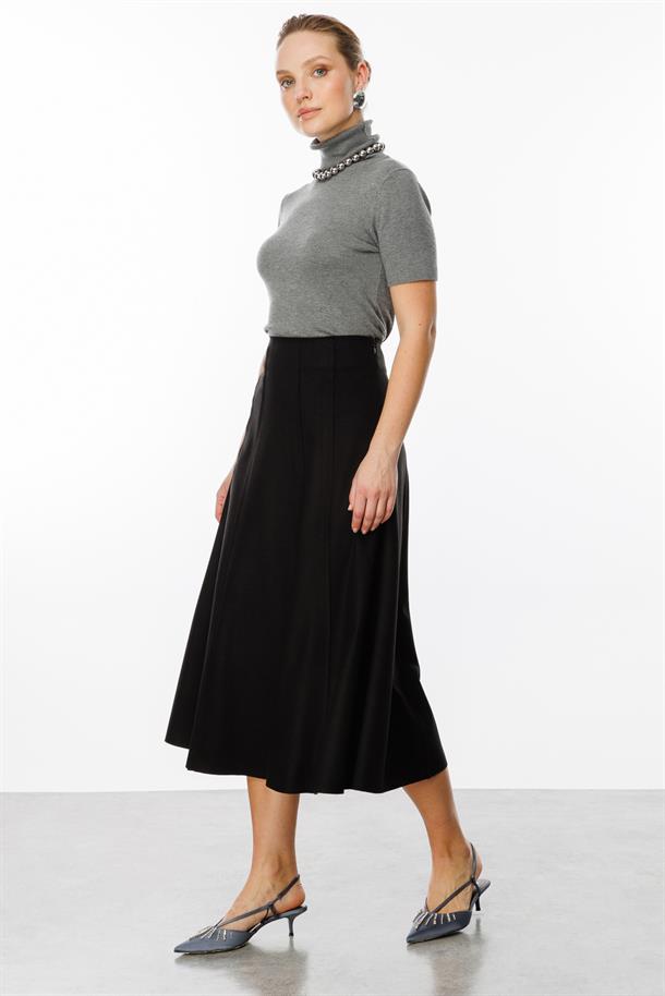 Yüksek Bel Uzun Kloş Etek-SİYAH