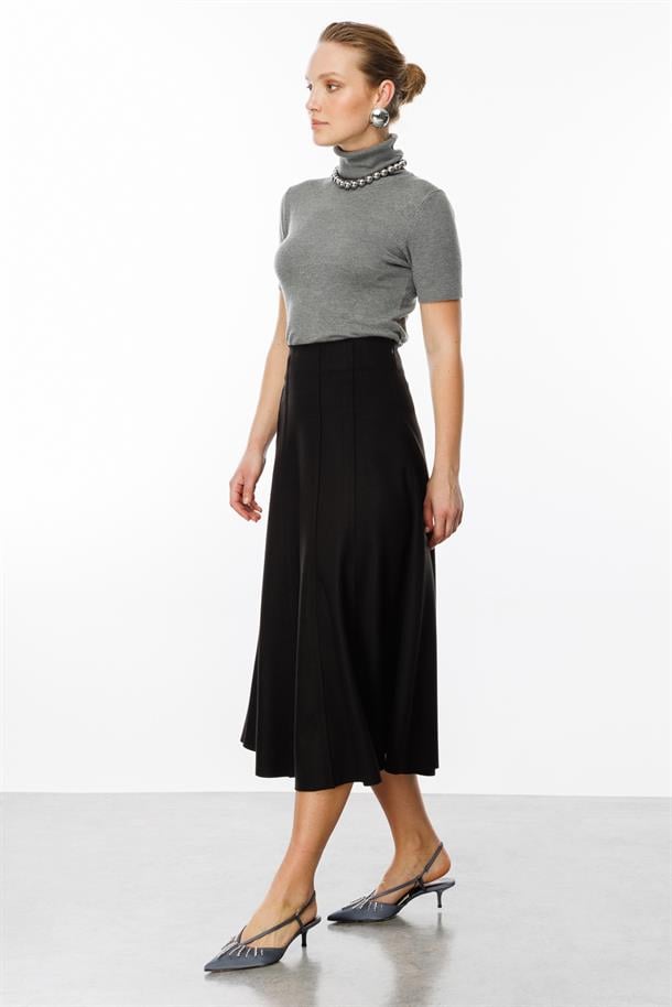 Yüksek Bel Uzun Kloş Etek-SİYAH