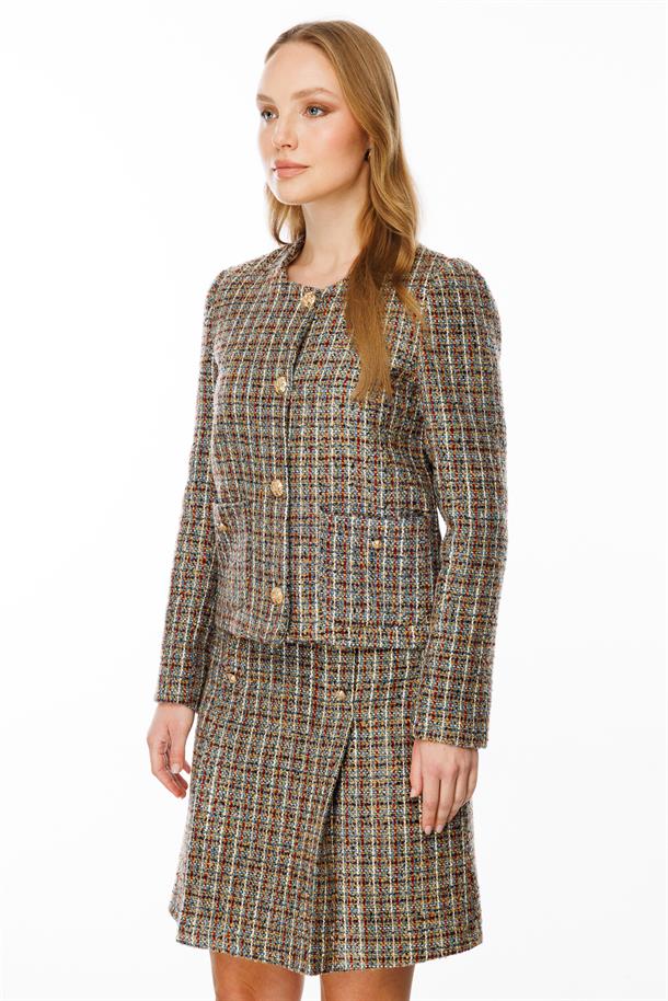 Kalın Pileli Düğme Detay Etek-MAVİ