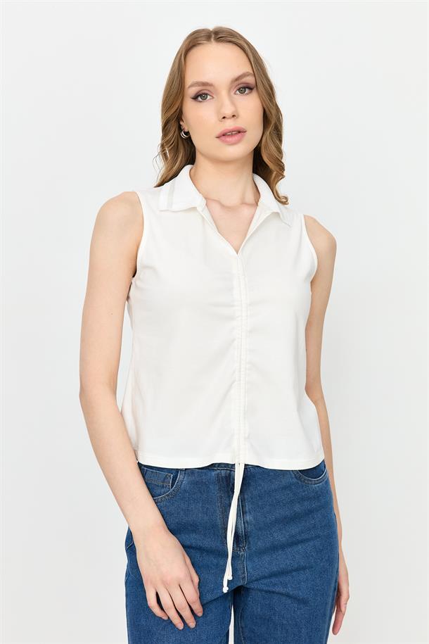 Yaka Detaylı Kolsuz Bluz-KEMIK