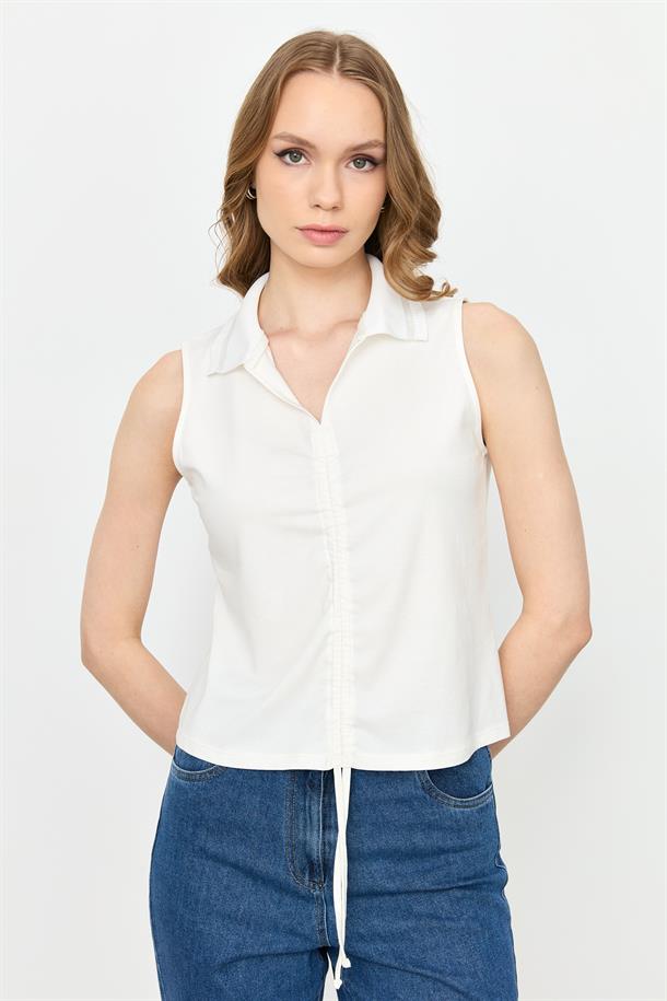 Yaka Detaylı Kolsuz Bluz-KEMIK