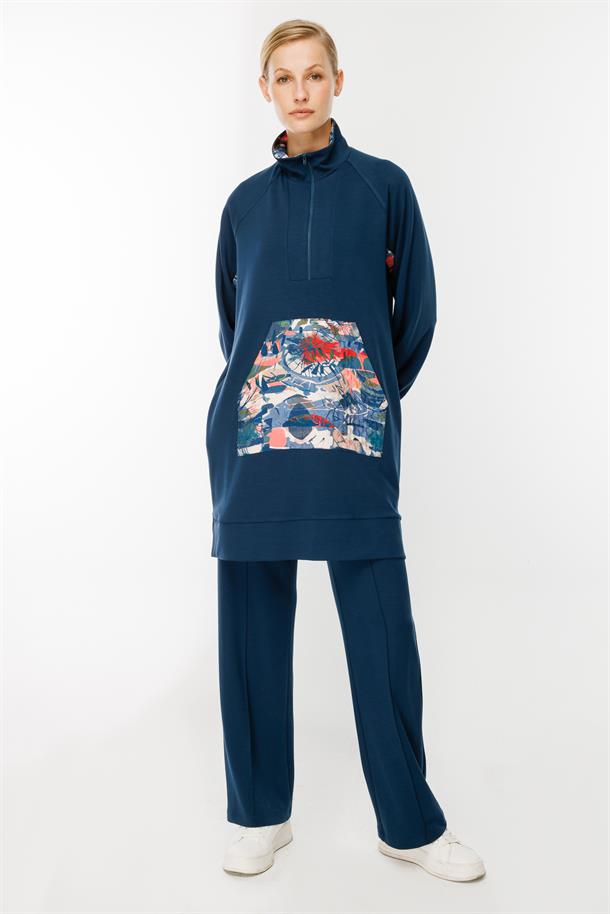 Yaka Detaylı Tunik Sweatshirt-PETROL