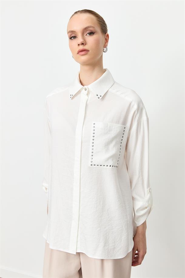 Yaka ve Cep Detaylı Gömlek-EKRU