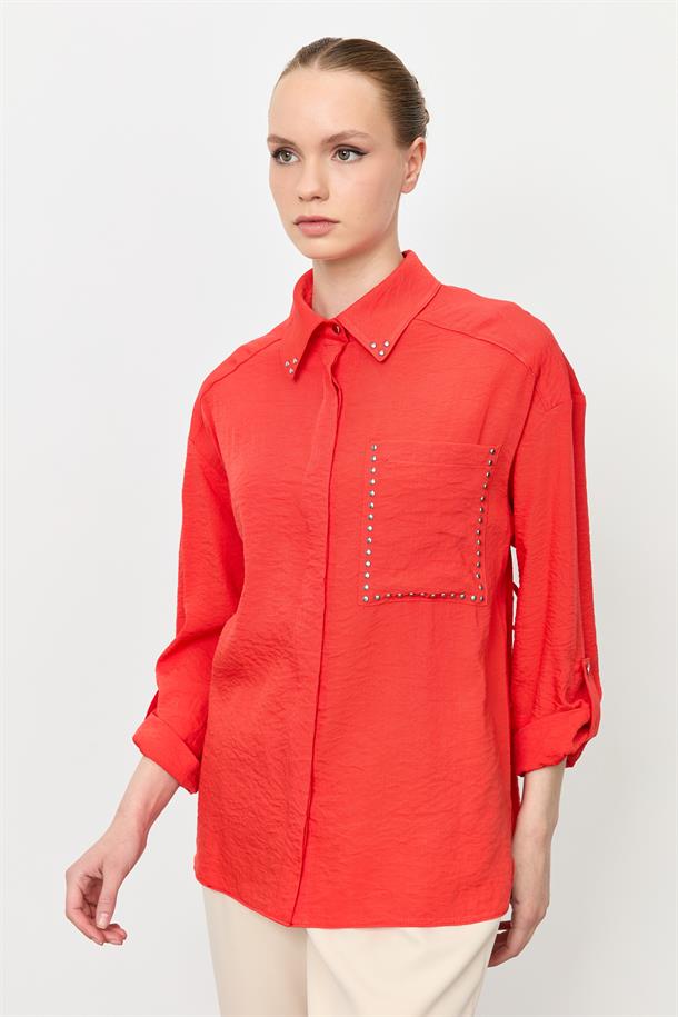 Yaka ve Cep Detaylı Gömlek-ORANJE