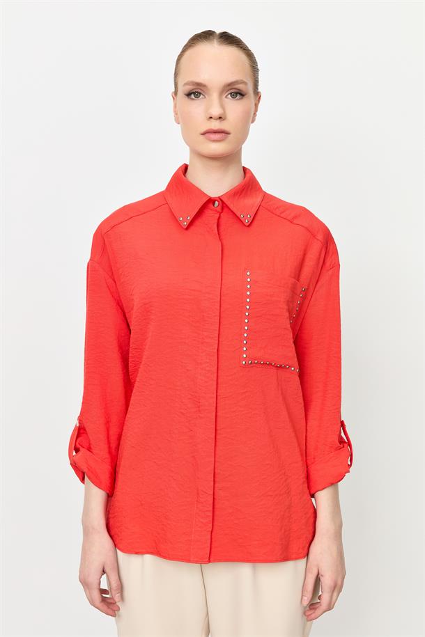 Yaka ve Cep Detaylı Gömlek-ORANJE