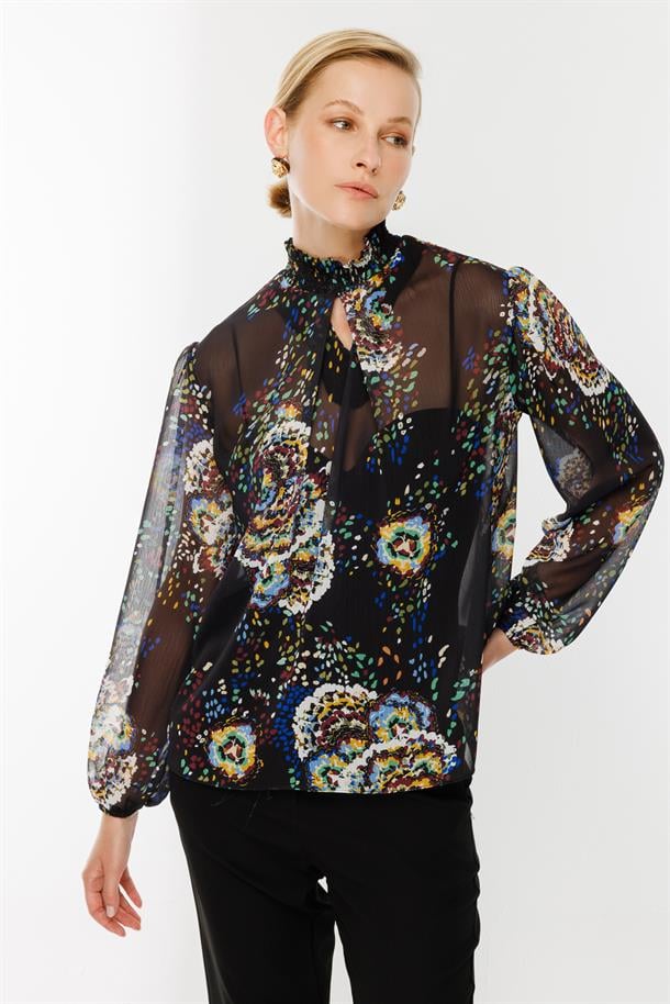 Yakası Detaylı Şifon Gömlek-SİYAH