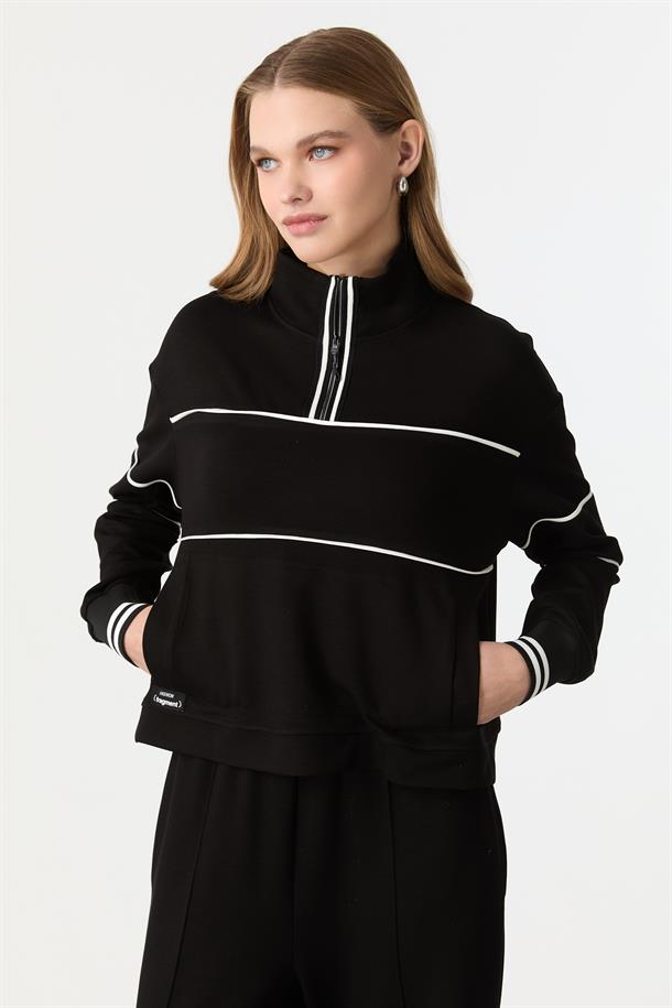 Yakası Fermuarlı Modal Bluz-SİYAH