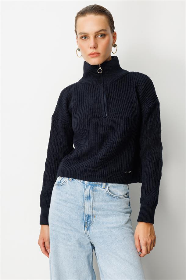 Yakası Fermuarlı Selanik Örgü Triko Kazak-SİYAH