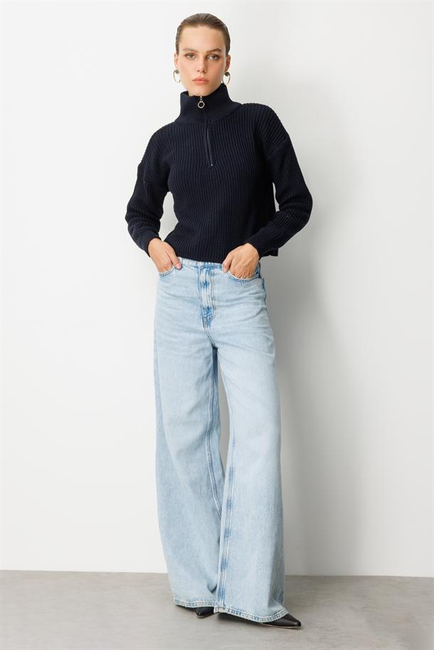 Yakası Fermuarlı Selanik Örgü Triko Kazak-SİYAH