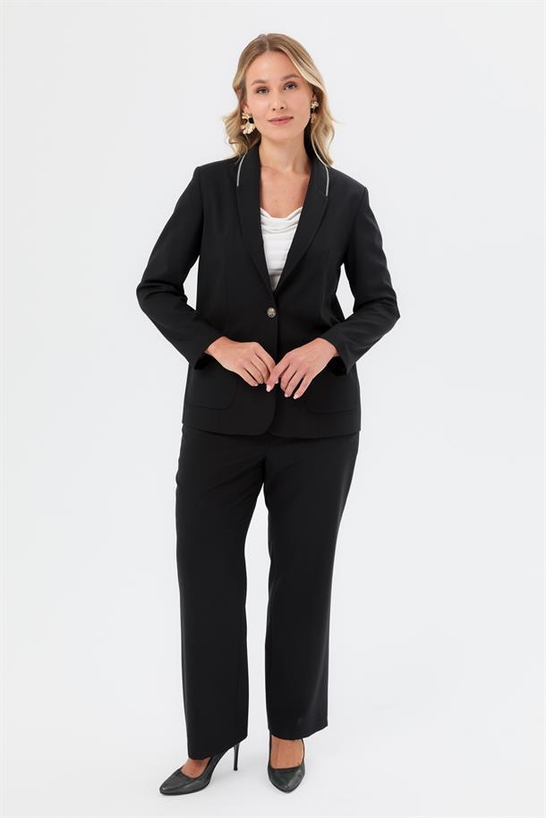 Yakası Şerit Detay Büyük Beden Ceket-SİYAH