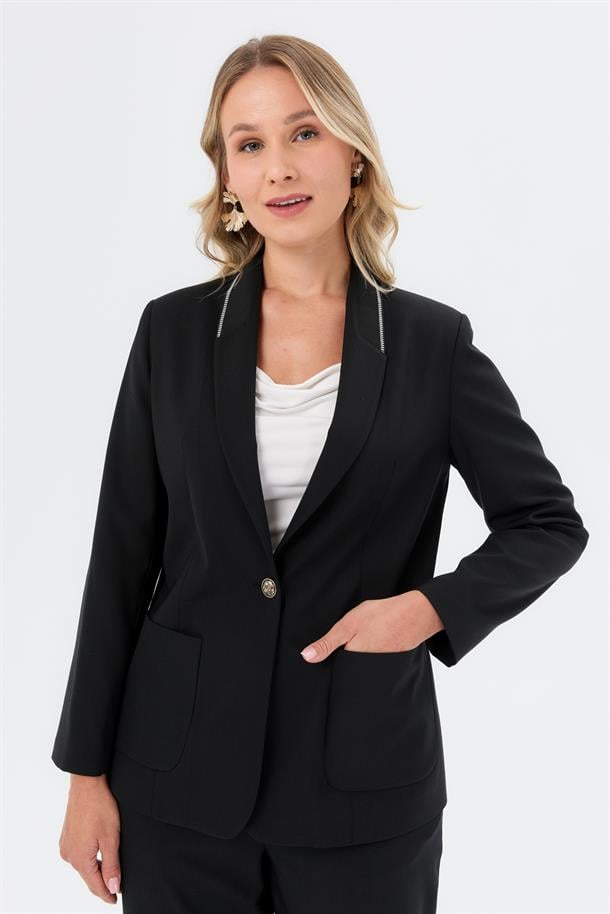 Yakası Şerit Detay Büyük Beden Ceket-SİYAH