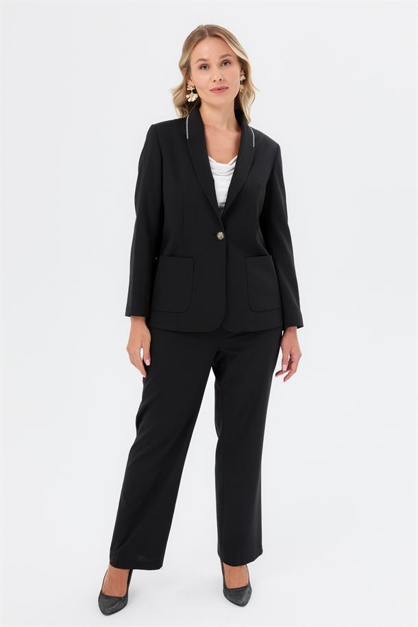 Yakası Şerit Detay Büyük Beden Ceket-SİYAH