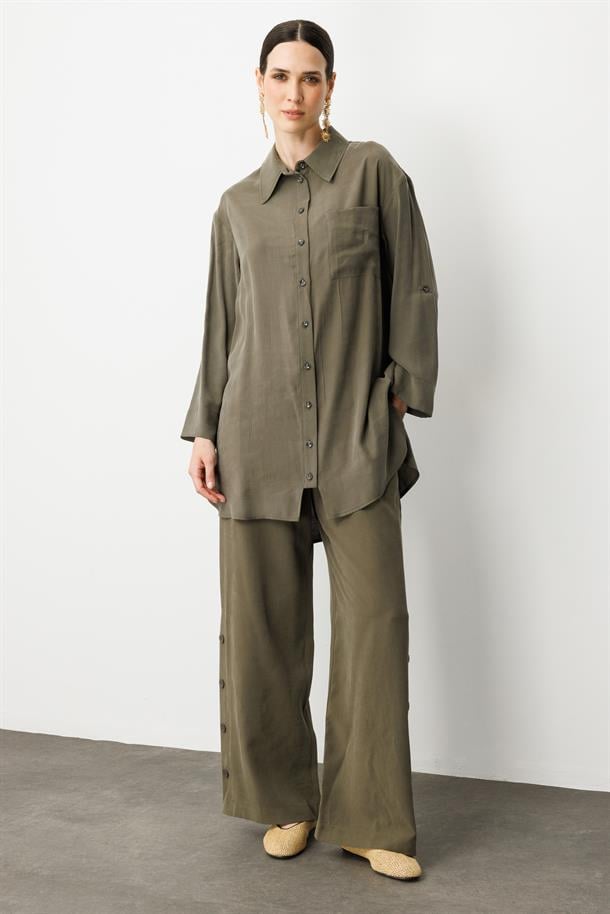 Yan Düğme Detay Cupra Tunik Gömlek-HAKİ