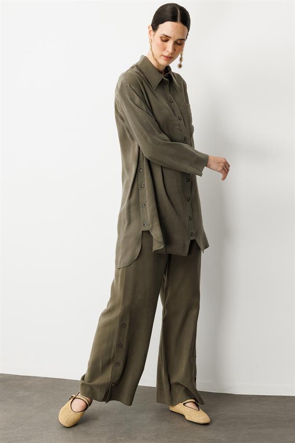 Yan Düğme Detay Cupra Tunik Gömlek-HAKİ