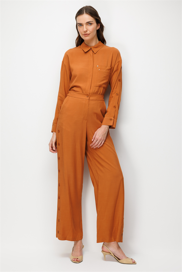 Yan Düğme Detaylı Pantolon-TABA