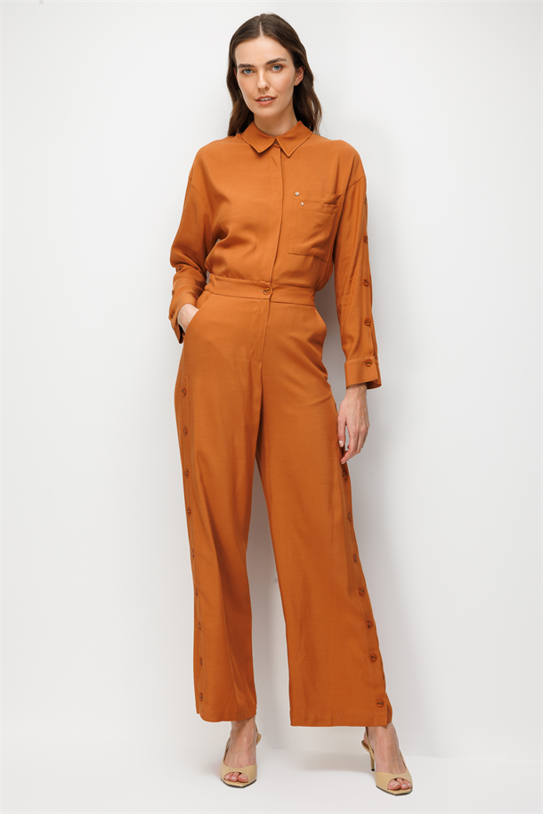 Yan Düğme Detaylı Pantolon-TABA