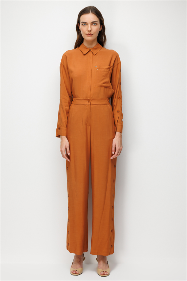 Yan Düğme Detaylı Pantolon-TABA