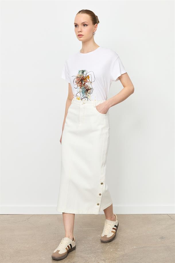 Yanları Çıtçıtlı Kot Etek-KEMIK