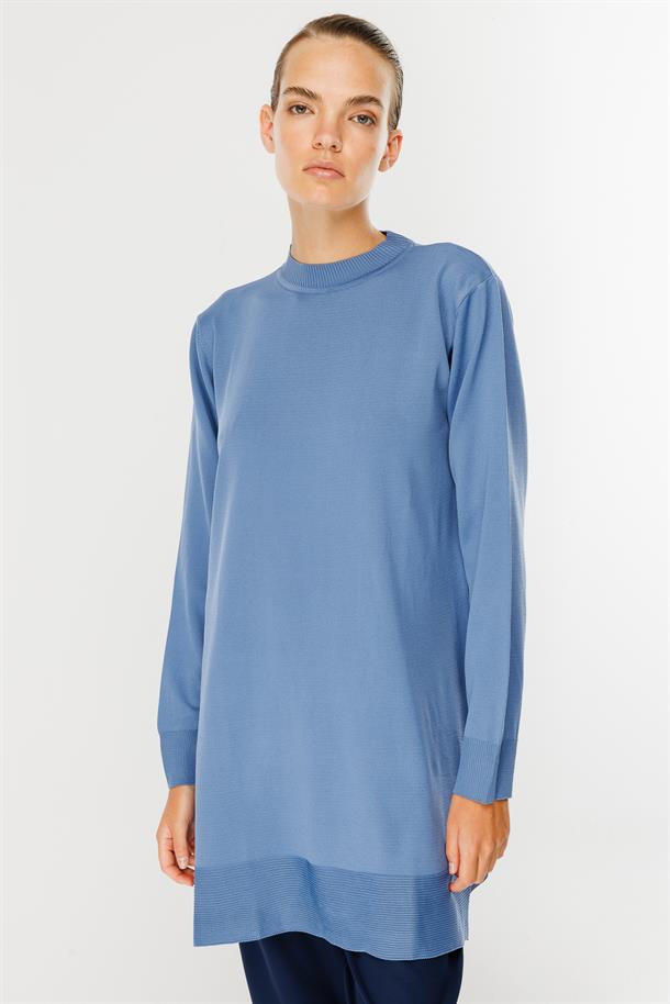 Yanları Düğmeli Triko Tunik-İNDİGO