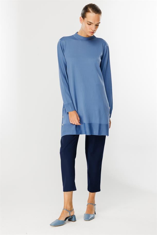 Yanları Düğmeli Triko Tunik-İNDİGO