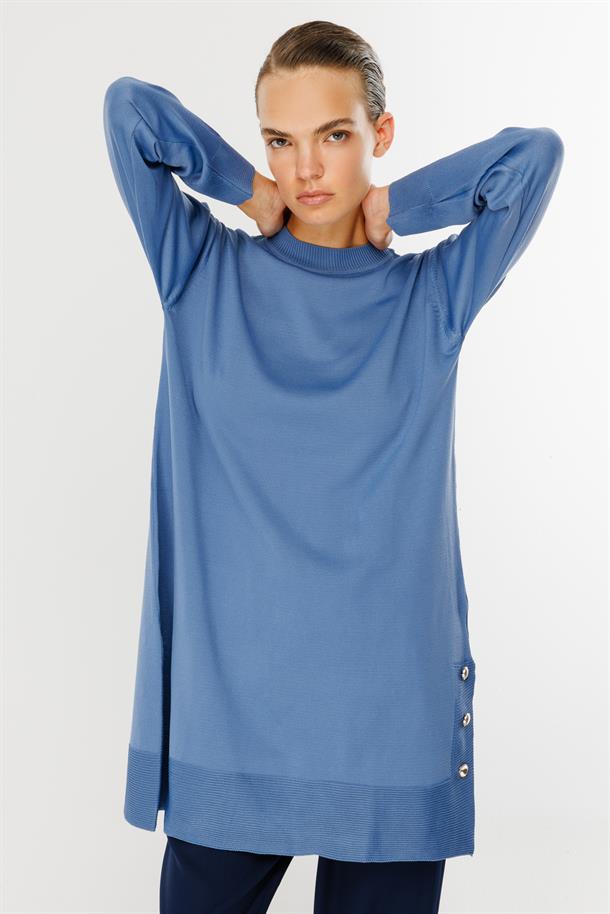 Yanları Düğmeli Triko Tunik-İNDİGO