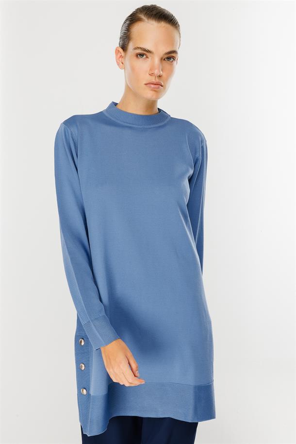 Yanları Düğmeli Triko Tunik-İNDİGO
