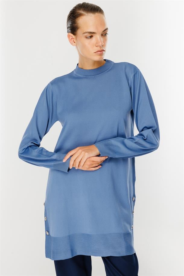 Yanları Düğmeli Triko Tunik-İNDİGO